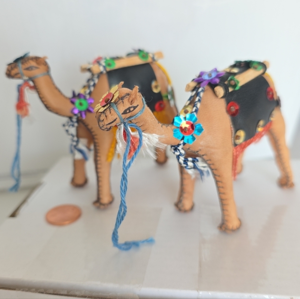 2 Artisan Handmade In Egypt Leather Camel Holiday Christmas Ornaments Vintage 92